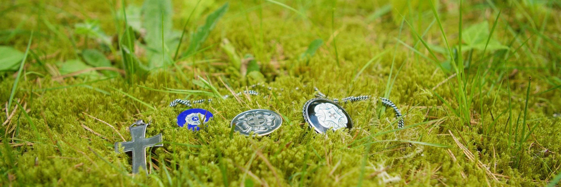 Brosche mit Krankenhauslogo liegt im Gras, Weitaufnahme